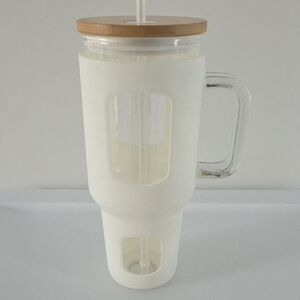 Glass Mug with Bamboo Lid and Straw - White 40 Ounce Tumbler